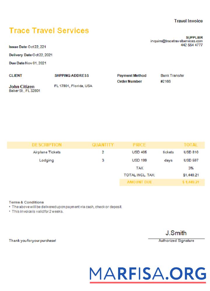 Downloadable USA Trace Travel Services invoice sample